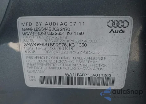 2012 Audi Q5 2.0T Premium from USA, damaged, VIN WA1LFAFP3CA011363